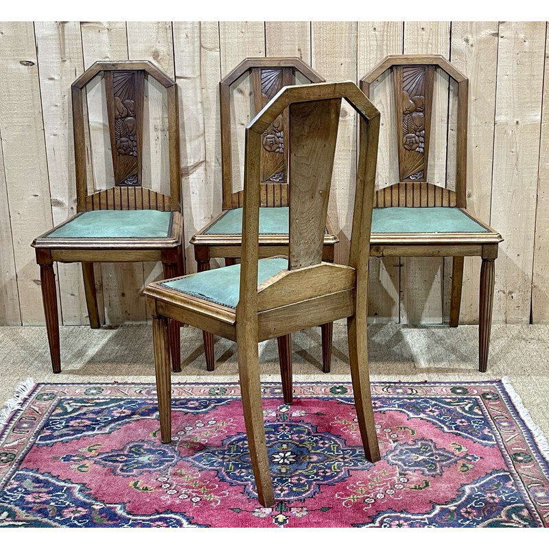 Set of 4 vintage Art Deco chairs in walnut and skai seat, 1930