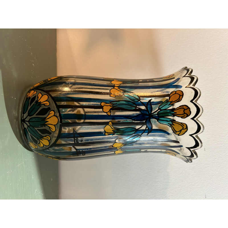 Vase vintage Art Déco avec fleurs bleues et jaunes