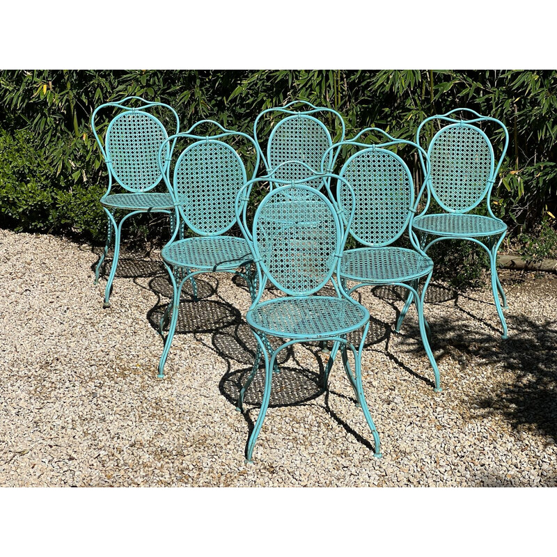 Set of 6 vintage "Médaillon" chairs in wrought iron and canework