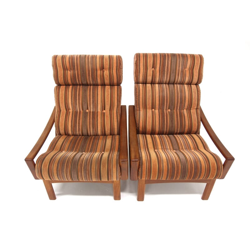 Pair of vintage teak and fabric armchairs by Grete Jalk for Glostrup, Denmark 1960