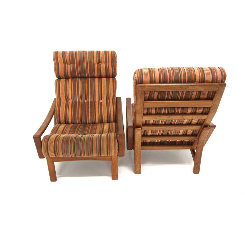 Pair of vintage teak and fabric armchairs by Grete Jalk for Glostrup, Denmark 1960