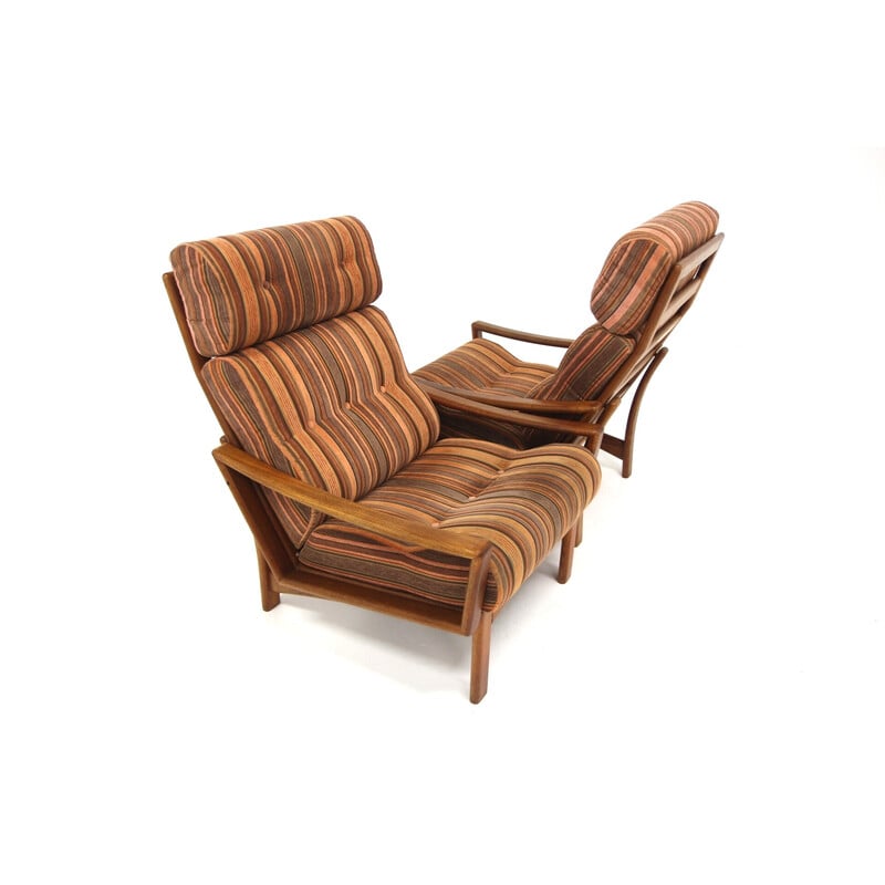 Pair of vintage teak and fabric armchairs by Grete Jalk for Glostrup, Denmark 1960