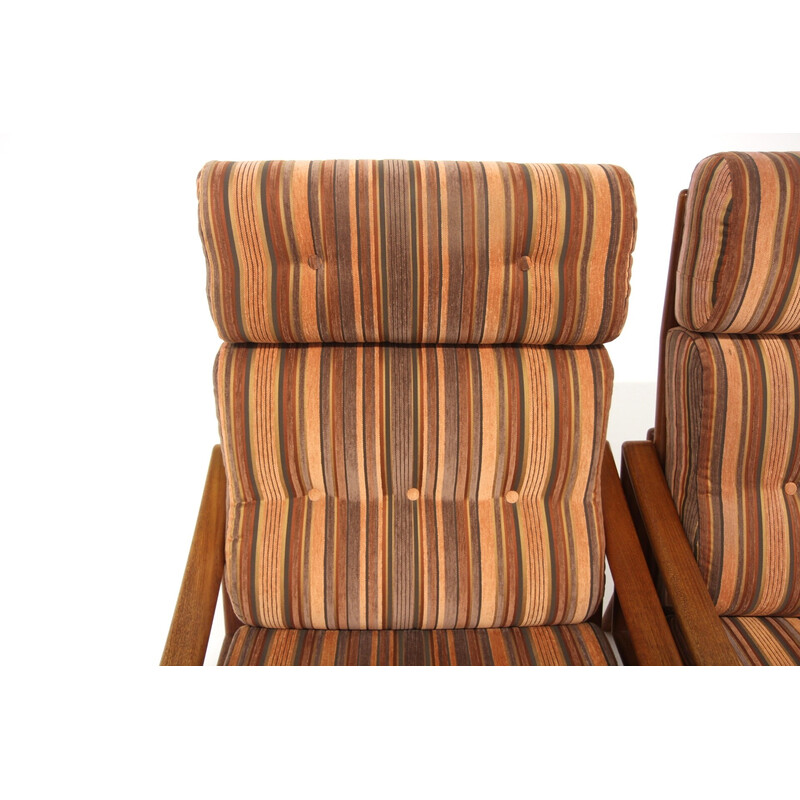 Pair of vintage teak and fabric armchairs by Grete Jalk for Glostrup, Denmark 1960
