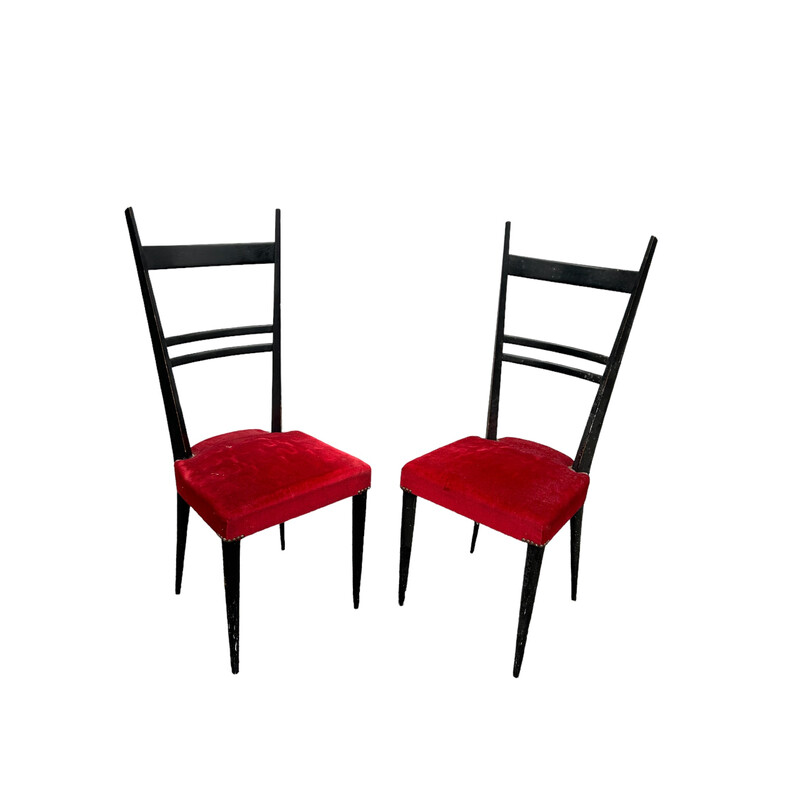 Pair of vintage chairs in lacquered wood and red velvet seats, Italy 1950