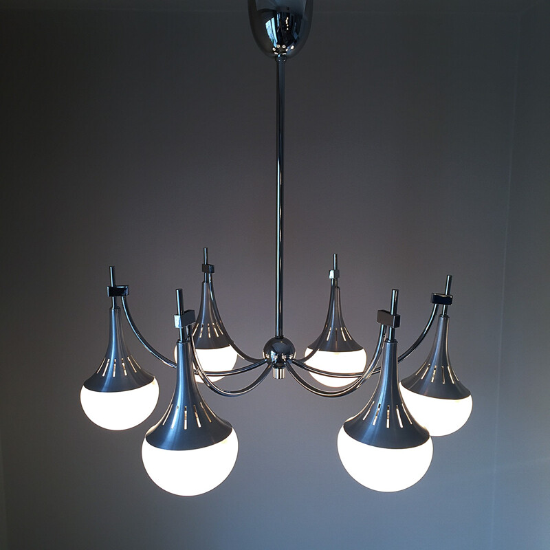 Chandelier with 6 lights in chromium, aluminum and opaline by Gaetano Sciolari - 1960s