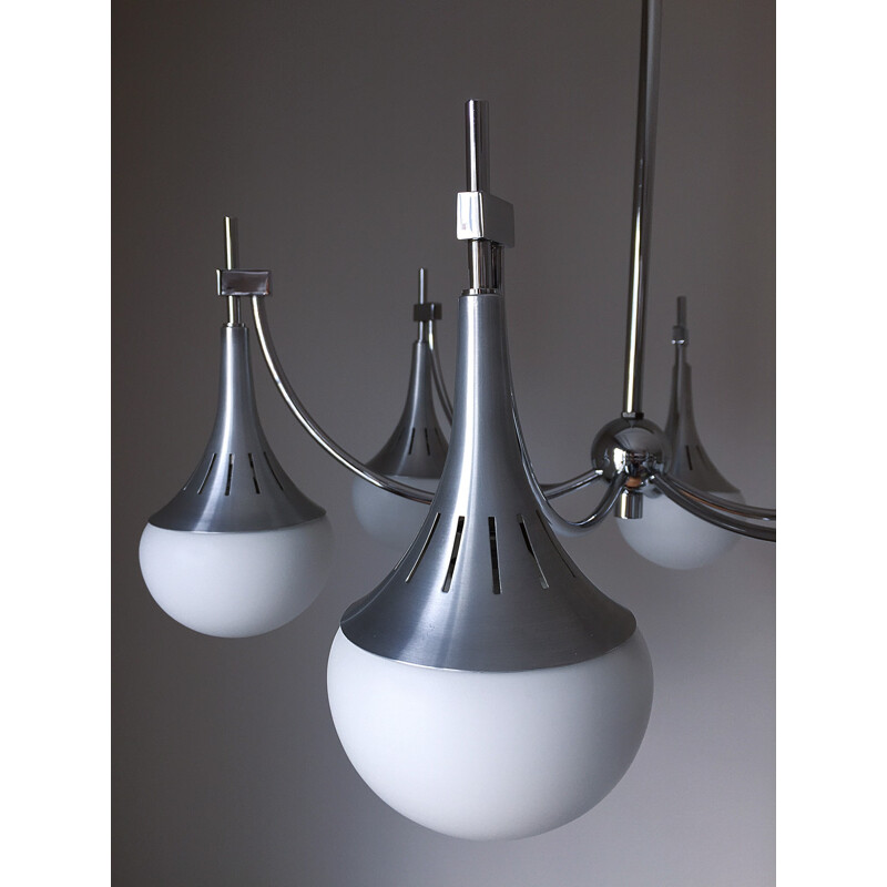 Chandelier with 6 lights in chromium, aluminum and opaline by Gaetano Sciolari - 1960s