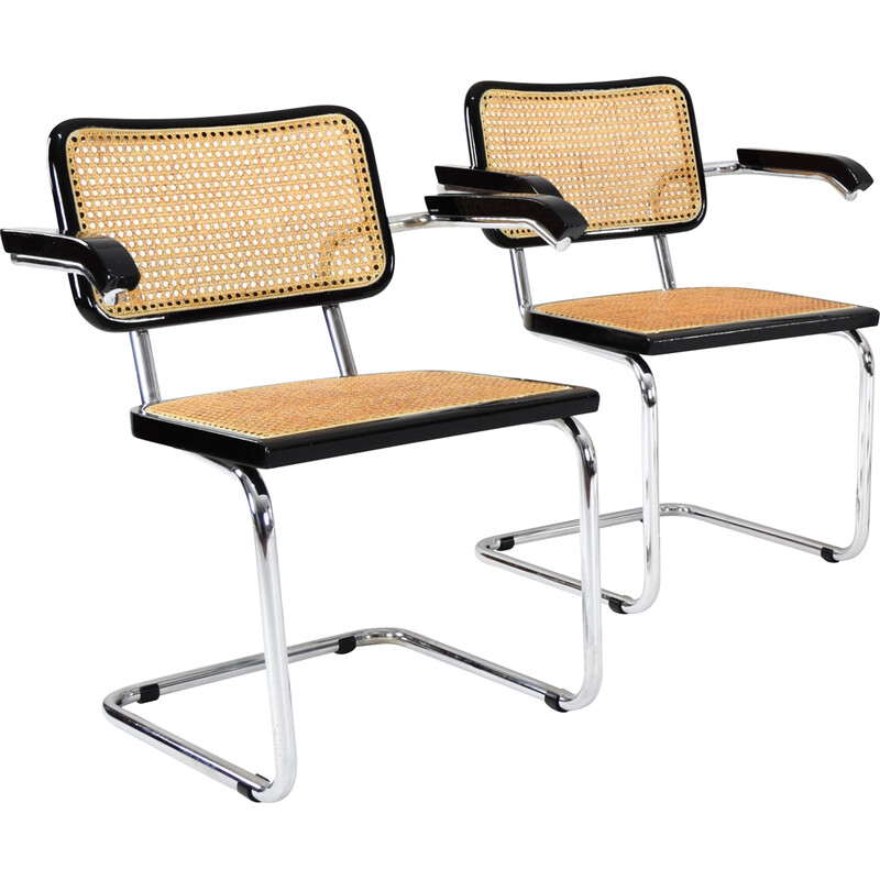 Pair of vintage Cesca B64 chairs in black lacquered beech wood and chrome steel by Breuer, Italy 1970