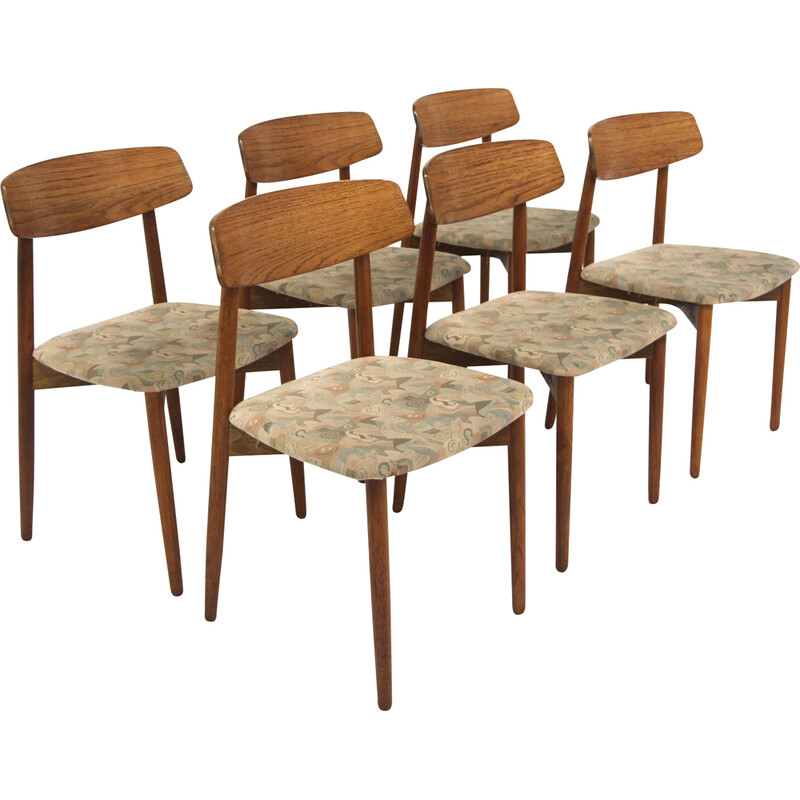 Set of 6 vintage teak and fabric chairs by Harry Østergaard for Randers Møbelfabrik, Denmark 1960