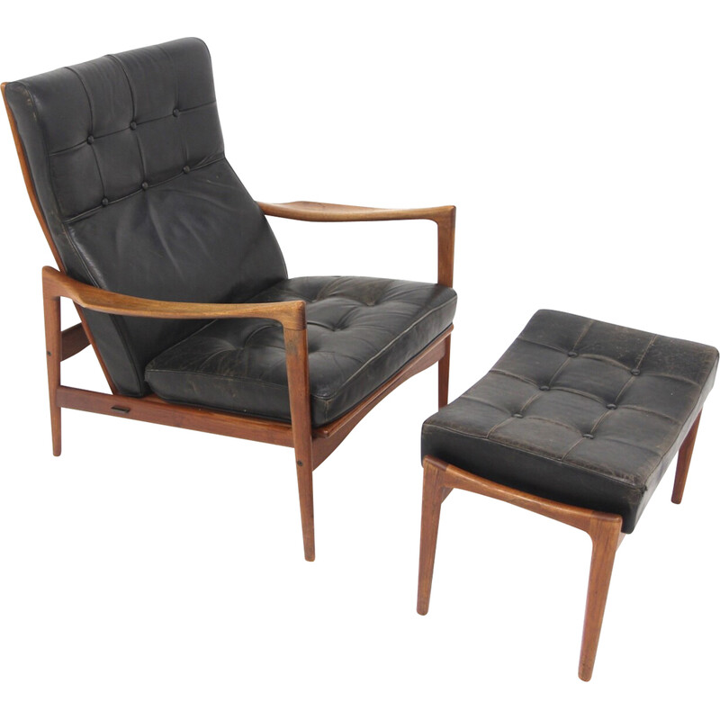 Fauteuil vintage "örenäs" en teck massif et cuir par Ib Kofod Larsen pour olof perssons fåtöljindustri, Suède 1960