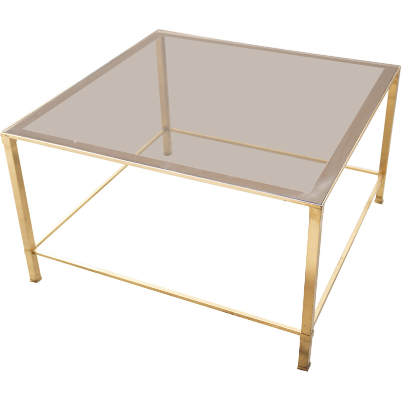 Vintage living room coffee table in brass and smoked glass by Guy Lefevre, France 1970