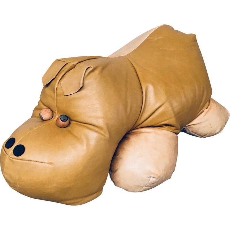 Vintage leather hippopotamus pouf, 1970