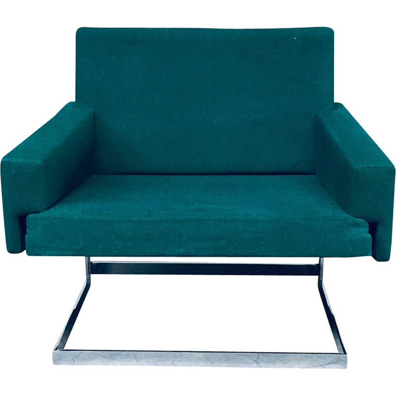 Vintage square floating armchair in green fabric and chrome steel, Belgium 1960