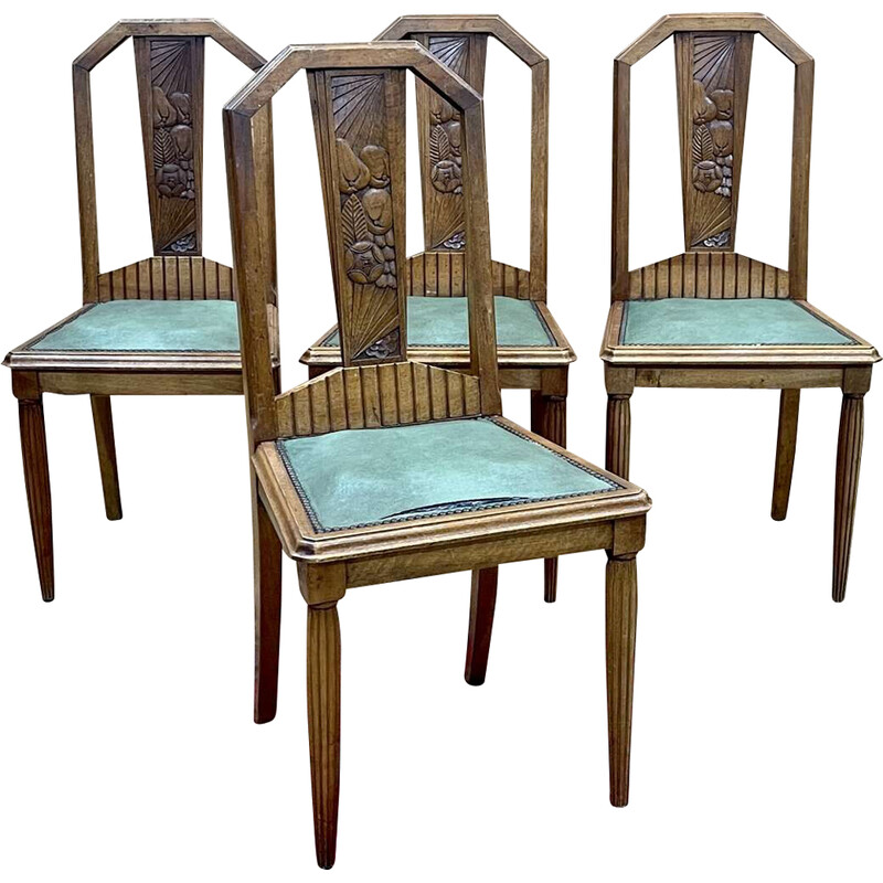 Set of 4 vintage Art Deco chairs in walnut and skai seat, 1930