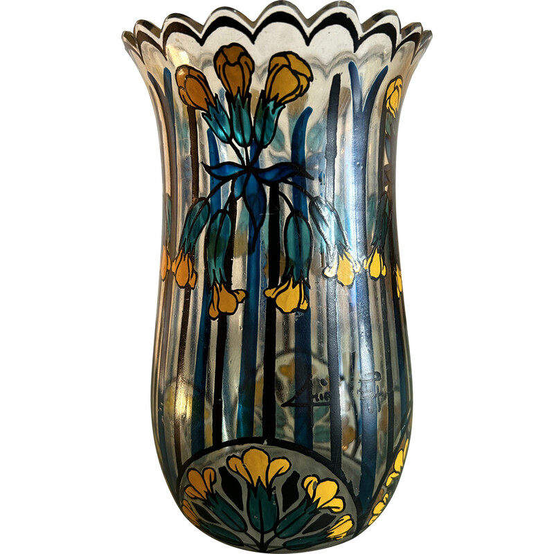 Vaso Art Deco vintage com flores azuis e amarelas