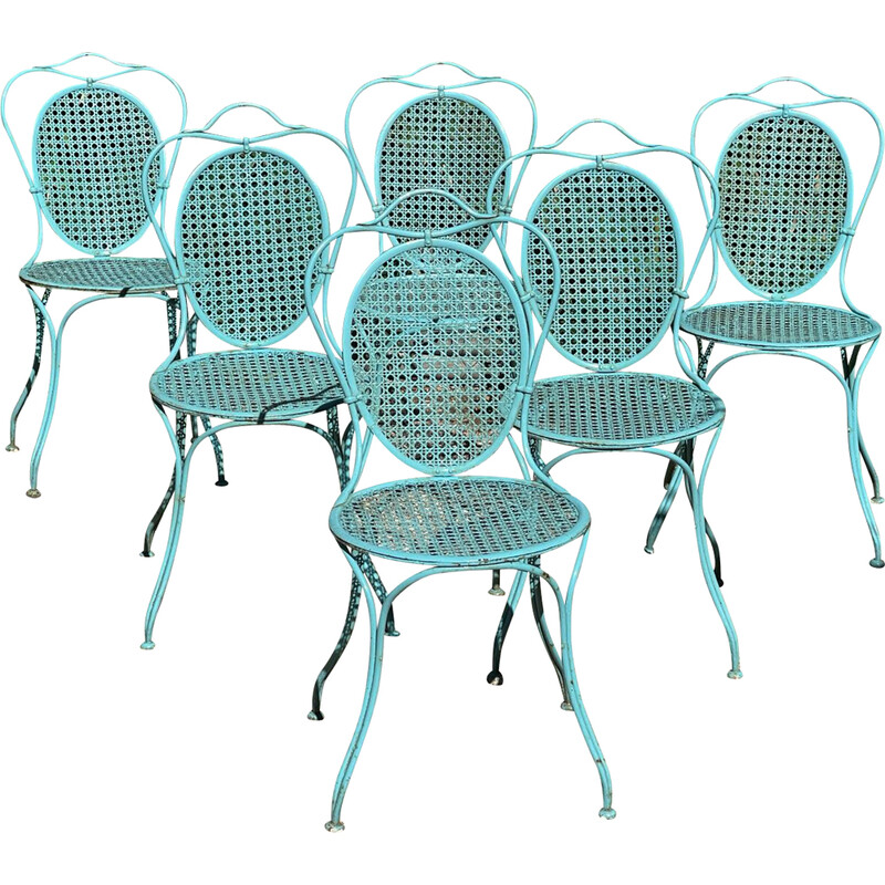 Conjunto de 6 cadeiras "Médaillon" vintage em ferro forjado e cana