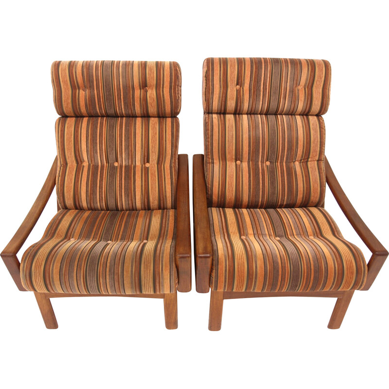 Pair of vintage teak and fabric armchairs by Grete Jalk for Glostrup, Denmark 1960