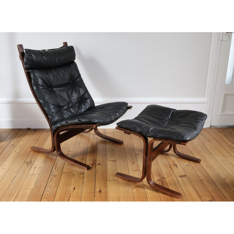 Vintage Siesta armchair with leather ottoman by Ingmar Relling for Westnofa, 1970