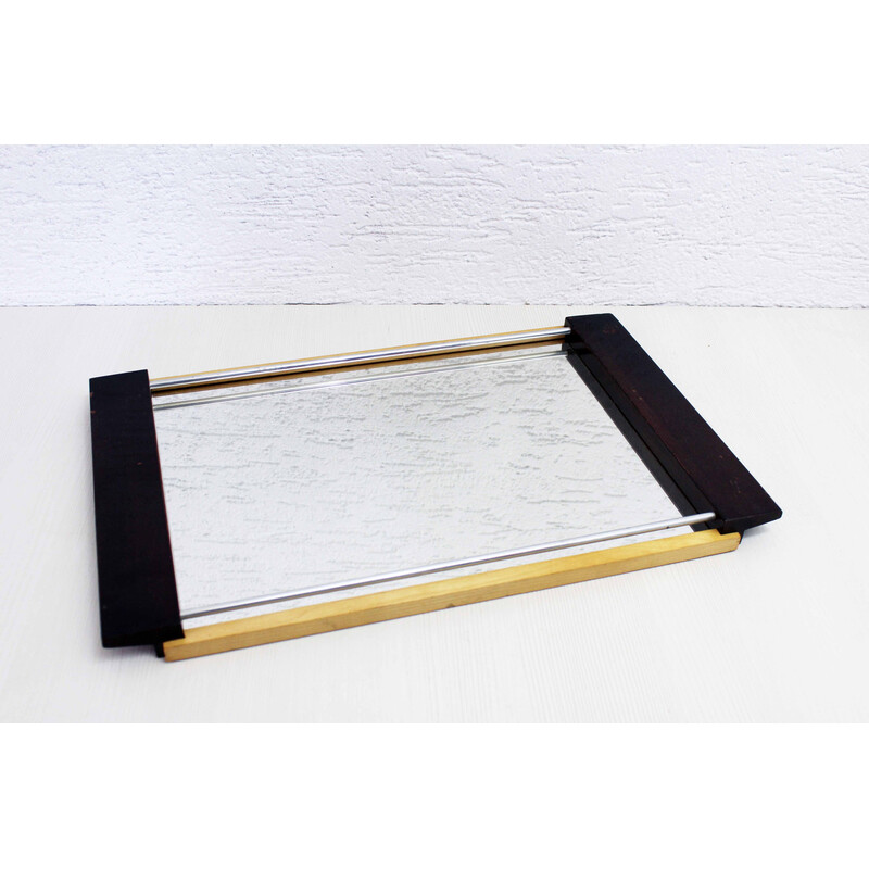 Vintage mirror tray in wood and metal, 1970