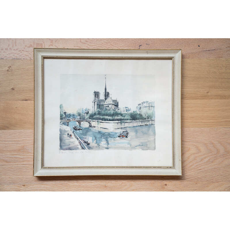 Vintage lithograph “Ile de la cite” in wood and glass, 1980