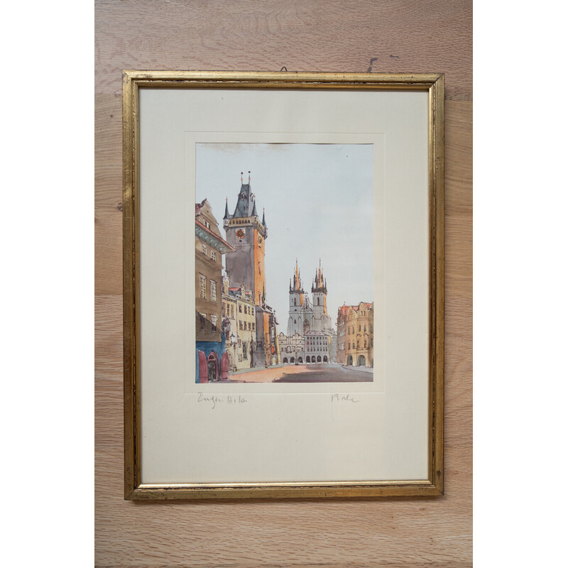 Vintage painting depicting Prague's Old Town Square, 1980