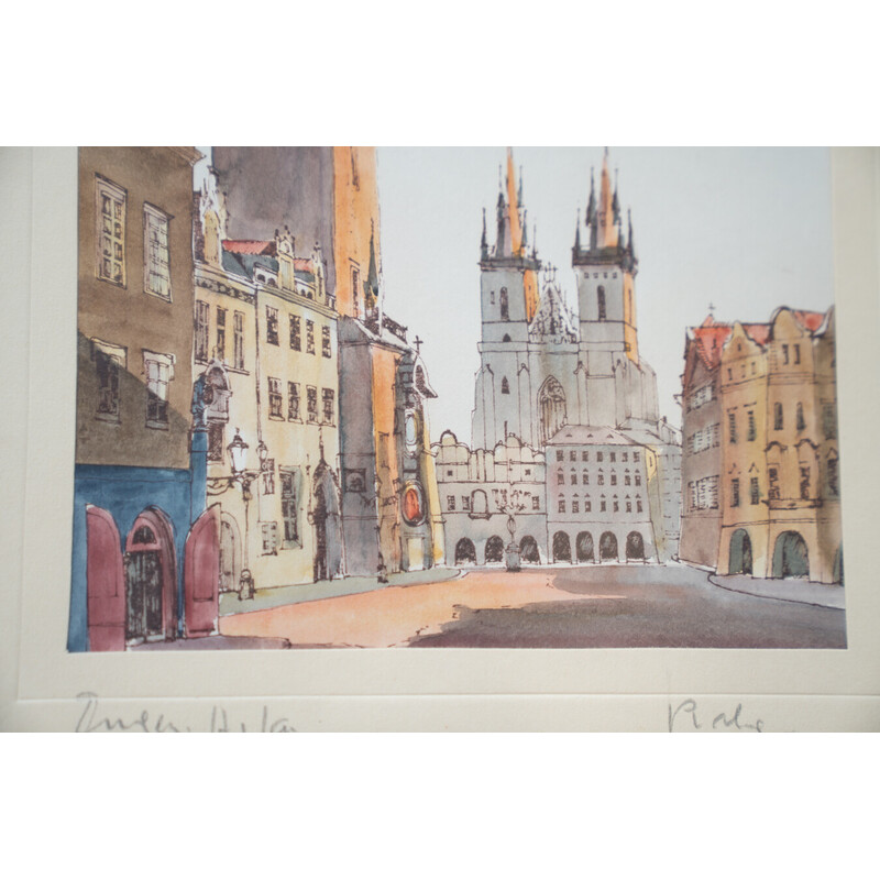 Vintage painting depicting Prague's Old Town Square, 1980