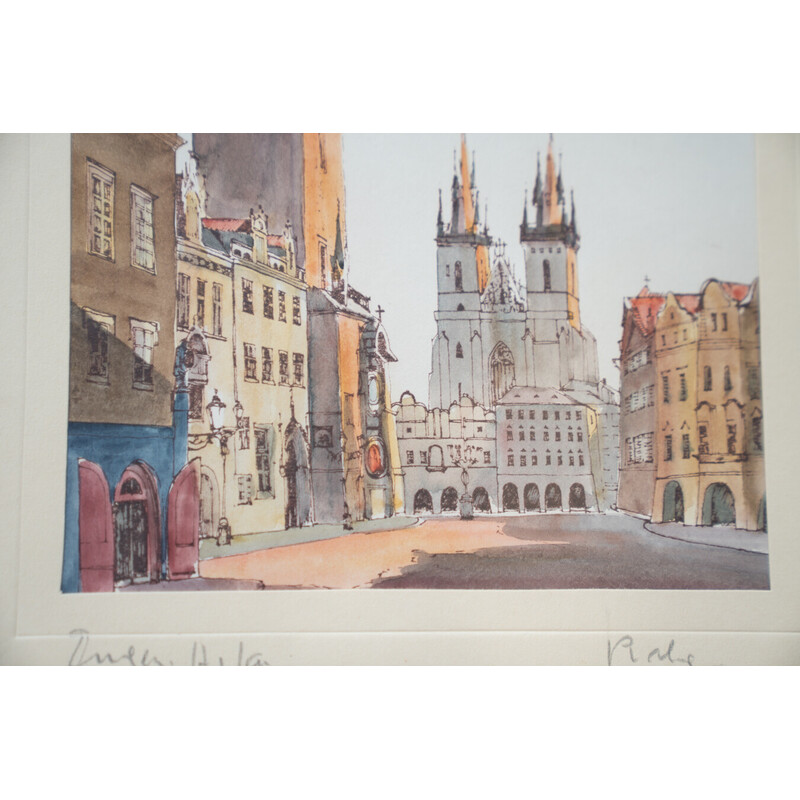 Vintage schilderij van het Oude Stadsplein in Praag, 1980