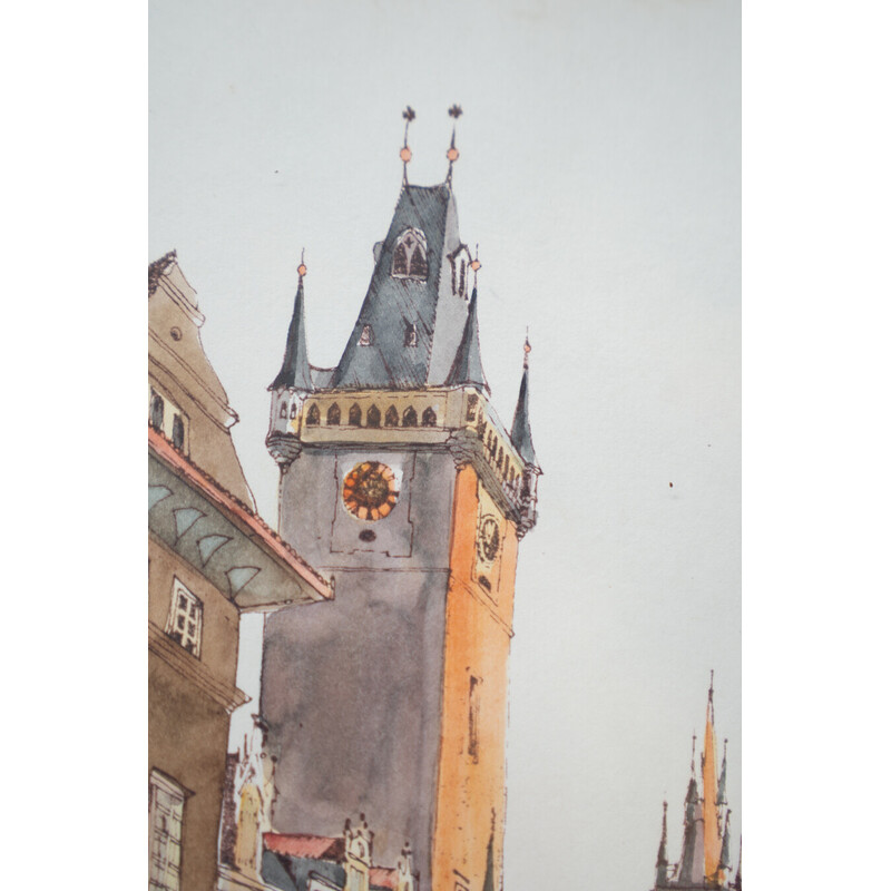 Vintage schilderij van het Oude Stadsplein in Praag, 1980