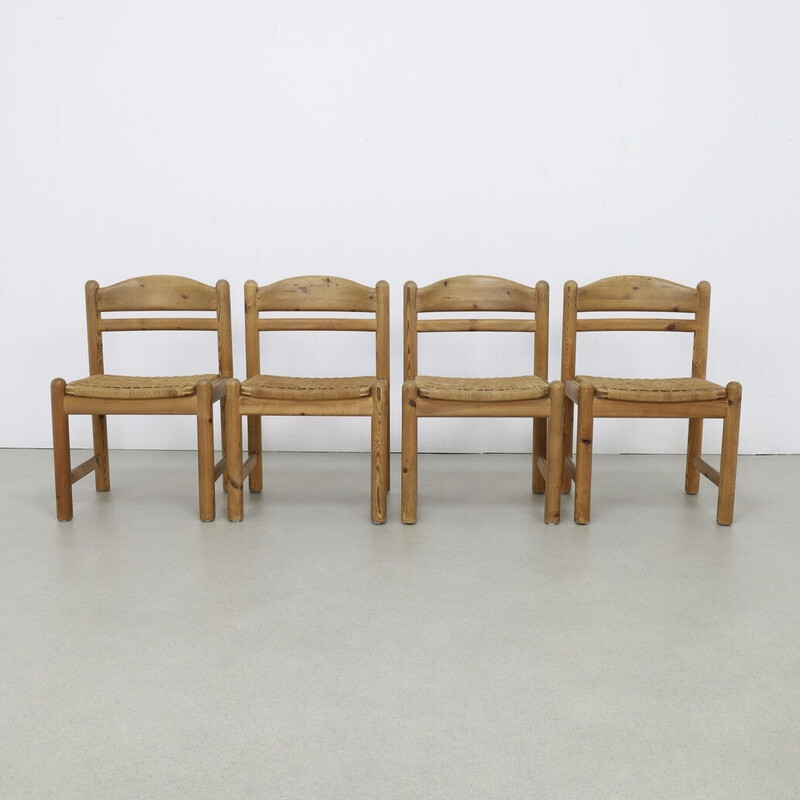 Set of 4 vintage pine and rattan dining chairs by Lindebjerg, Denmark 1970