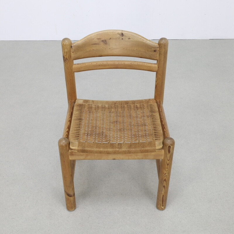 Set of 4 vintage pine and rattan dining chairs by Lindebjerg, Denmark 1970