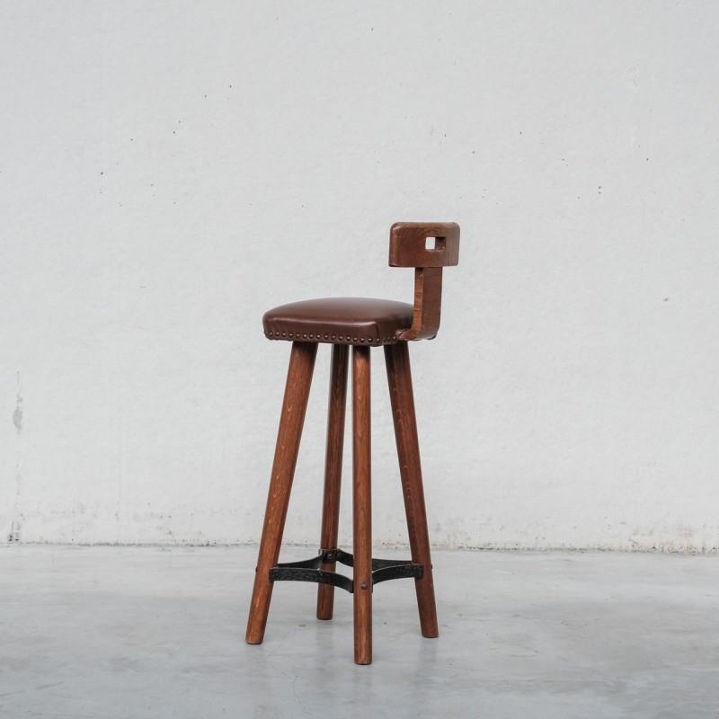 Set of 4 vintage oak and faux leather bar stools, Netherlands 1970