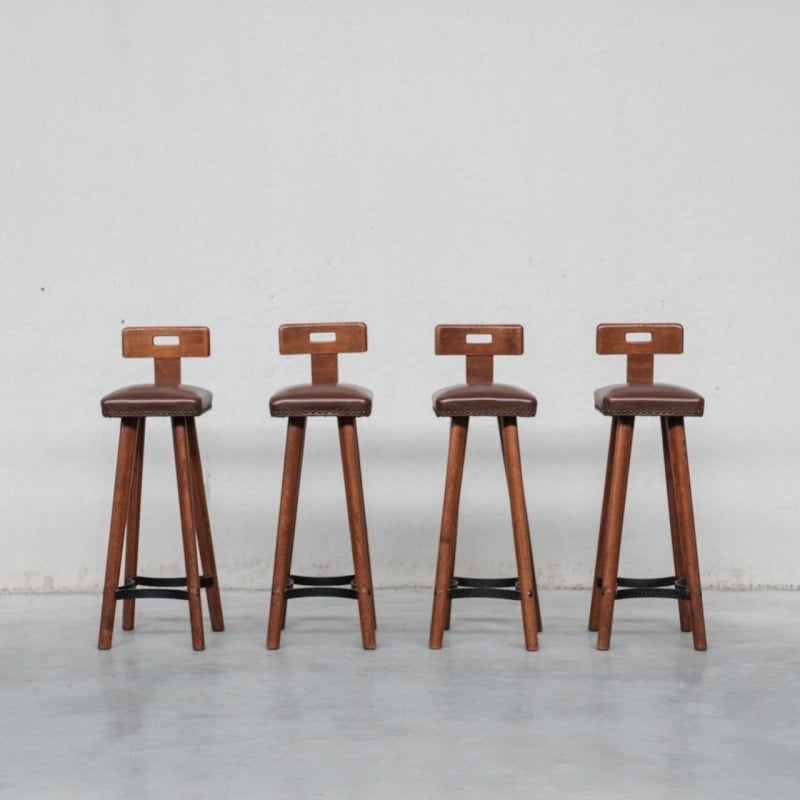 Set of 4 vintage oak and faux leather bar stools, Netherlands 1970