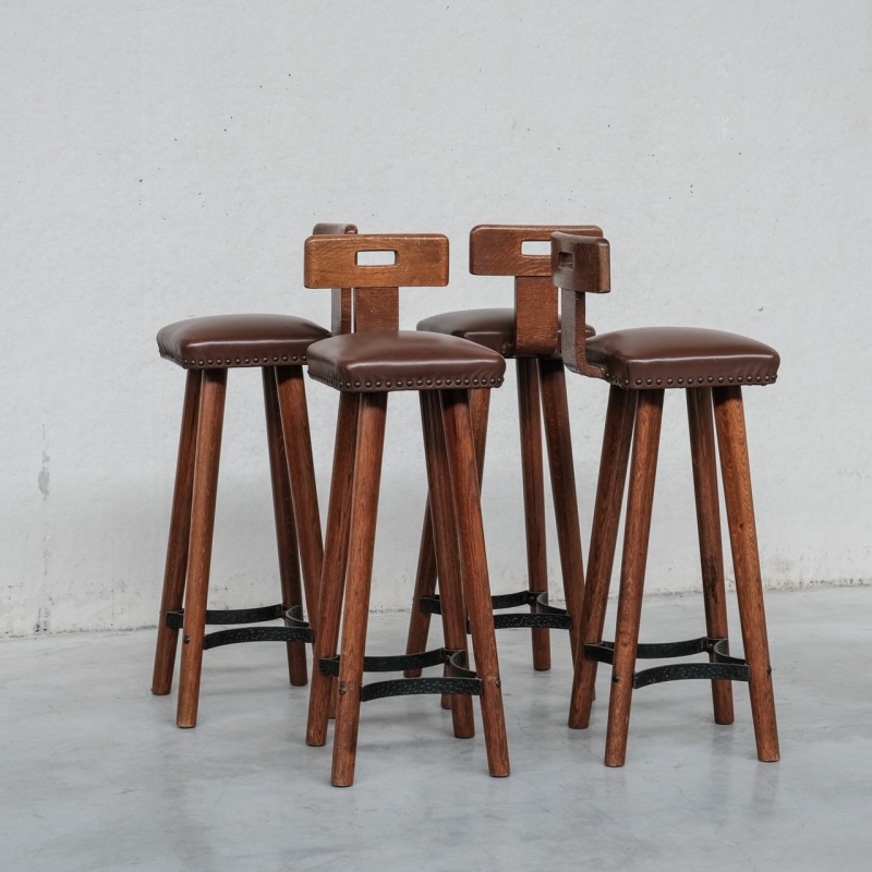 Set of 4 vintage oak and faux leather bar stools, Netherlands 1970