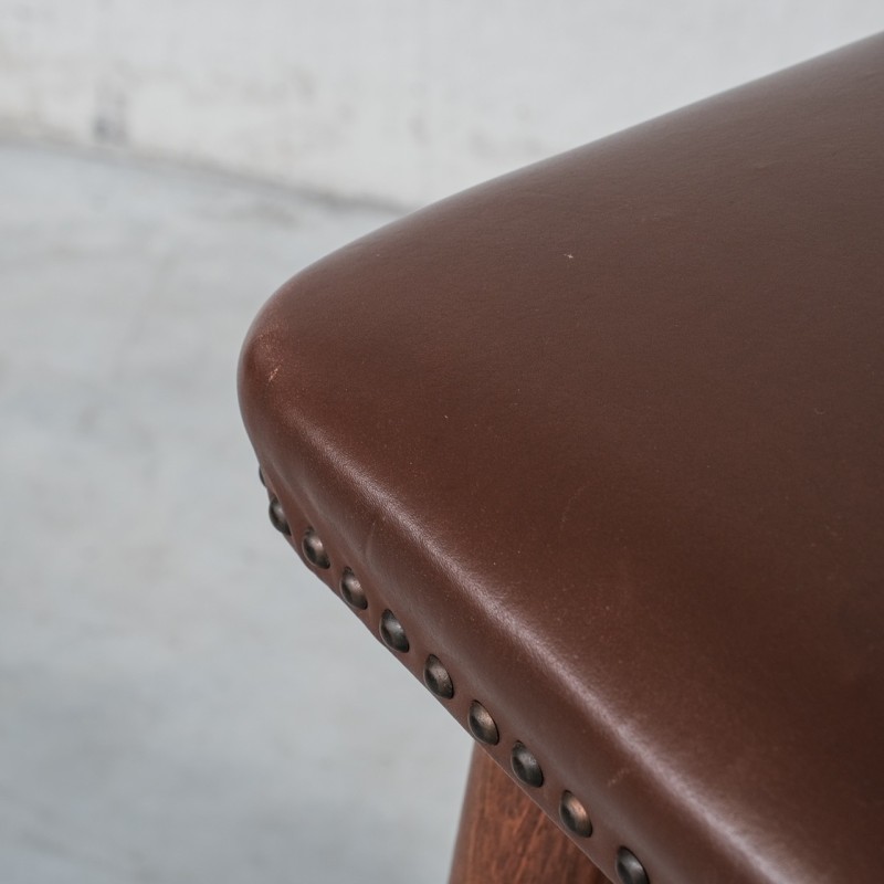 Set of 4 vintage oak and faux leather bar stools, Netherlands 1970