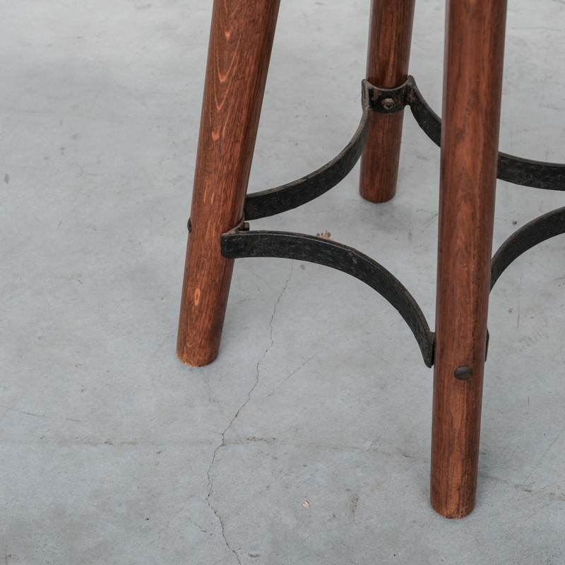 Set of 4 vintage oak and faux leather bar stools, Netherlands 1970