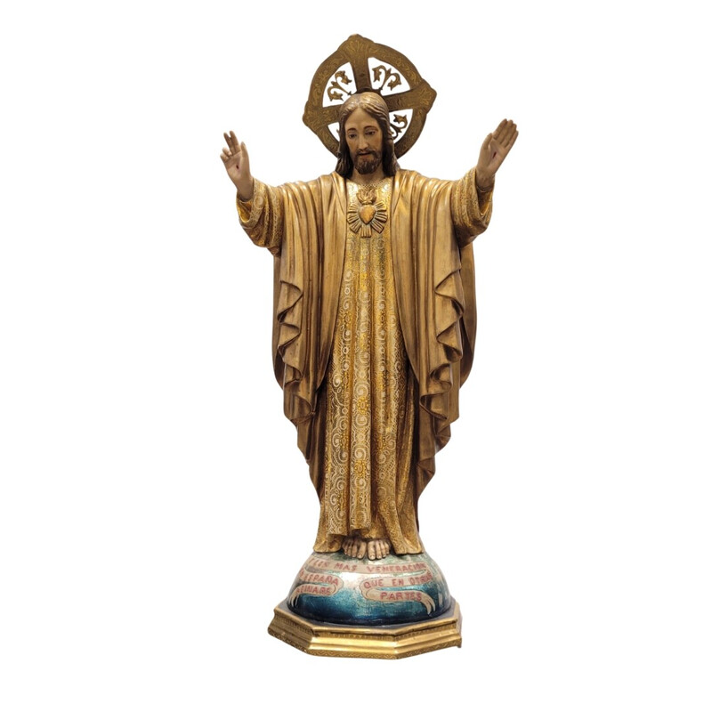 Escultura vintage do Sagrado Coração de Jesus em pasta de madeira, Espanha