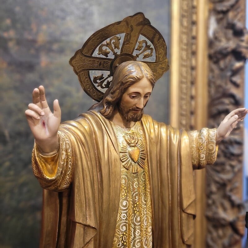 Escultura vintage del Sagrado Corazón de Jesús en pasta de madera, España