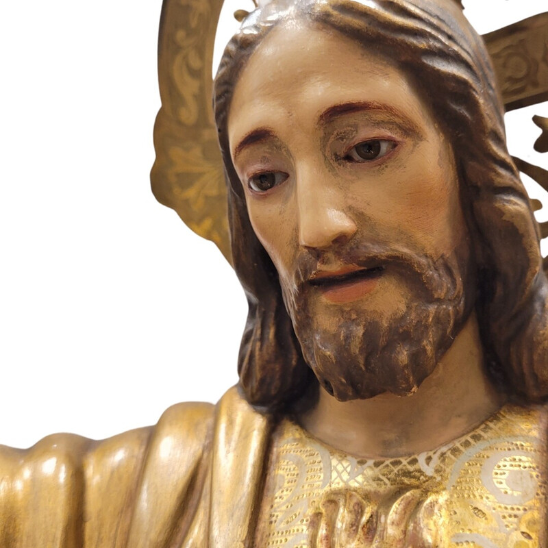 Scultura d'epoca del Sacro Cuore di Gesù in pasta di legno, Spagna
