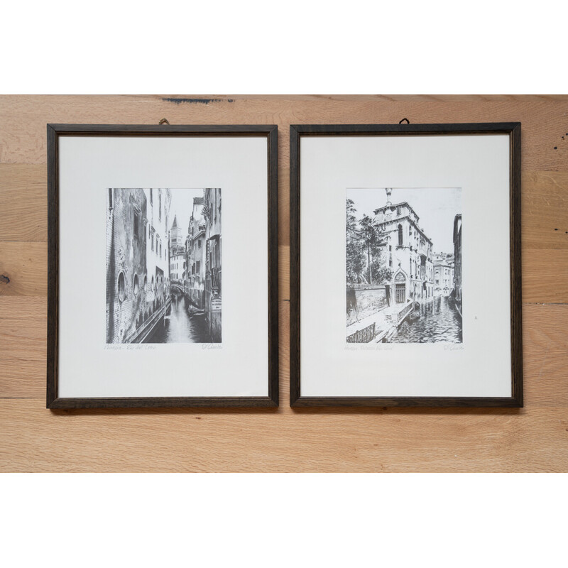 Paire de sérigraphies vintage en bois et verre de Nicholas d'Amico, 1980