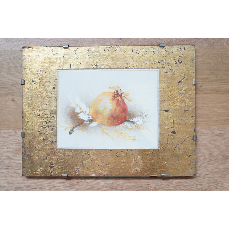Pair of vintage watercolor and gold leaf prints in wood and glass, 1980