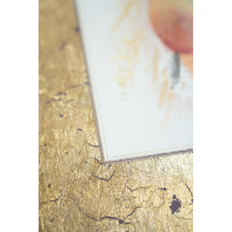 Pareja de grabados vintage en acuarela y pan de oro en madera y cristal, 1980