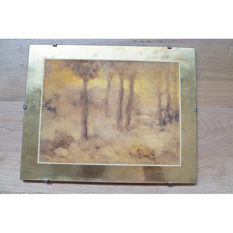 Par de impressões vintage em aguarela e folha de ouro em madeira e vidro, 1980