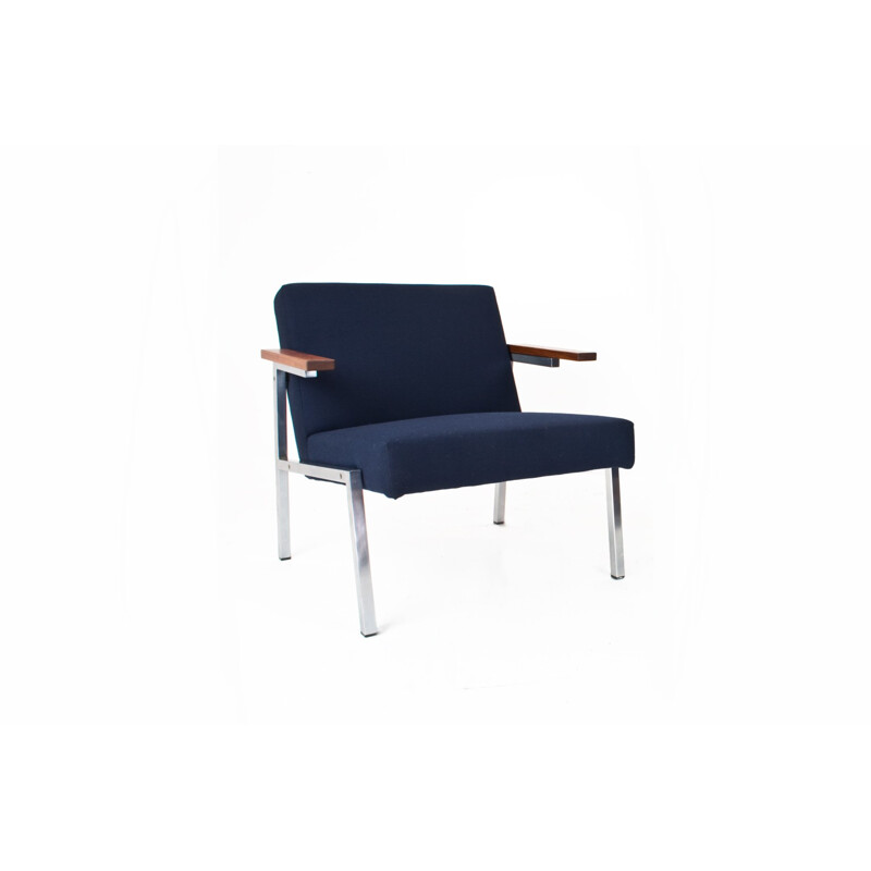 Fauteuil bleu en laine et en chrome de Martin Visser - 1960