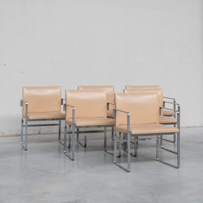 Set of 6 vintage "JH811" dining chairs in steel and leather by Hans J Wegner, Denmark 1950