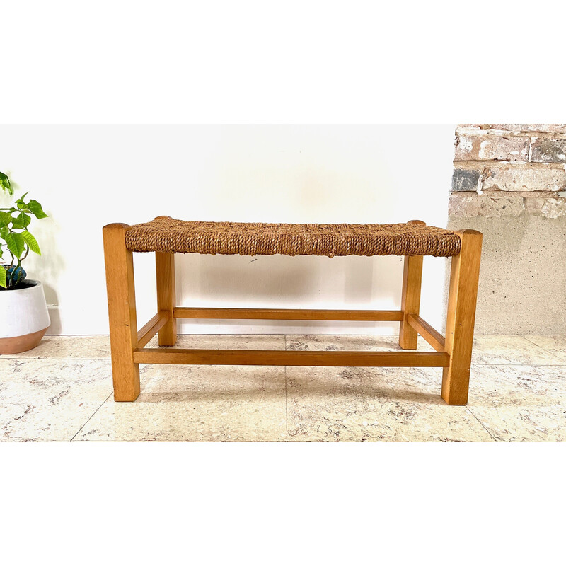 Vintage bench stool in solid beech and rope