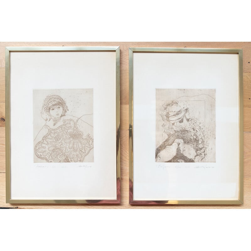 Pair of vintage ink paintings in wood and glass, 1980