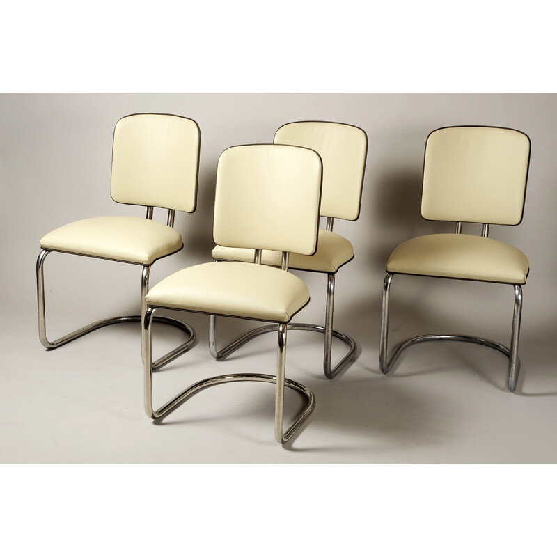 Ensemble de 4 fauteuils vintage Bauhaus en cuir pour Thonet, Autriche 1920