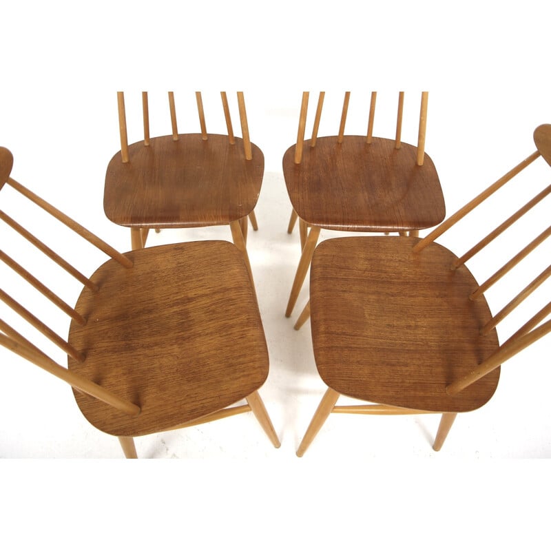 Set van 4 vintage teakhouten en beuken "Fanett" stoelen van Ilmari Tapiovaara voor La Maison Edsbyverken, Zweden 1960