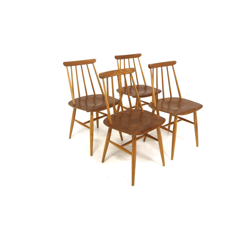 Lot de 4 chaises vintage "Fanett" en teck et hêtre par Ilmari Tapiovaara pour La Maison Edsbyverken, Suède 1960
