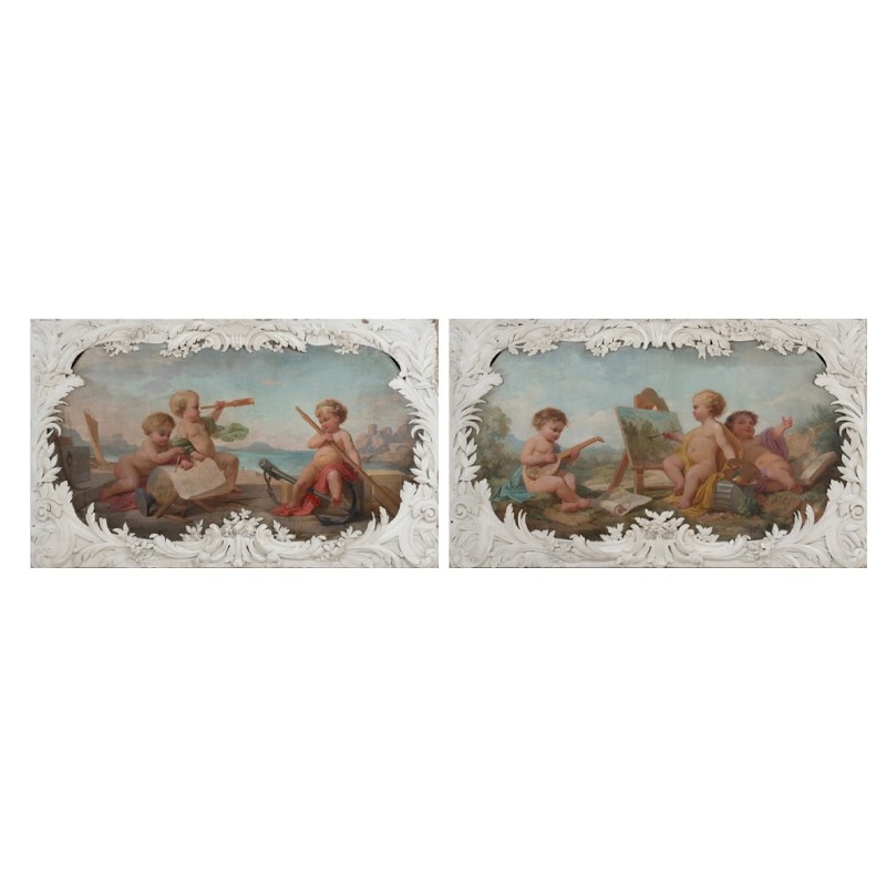 Coppia di dipinti d'epoca di allegorie, 1880
