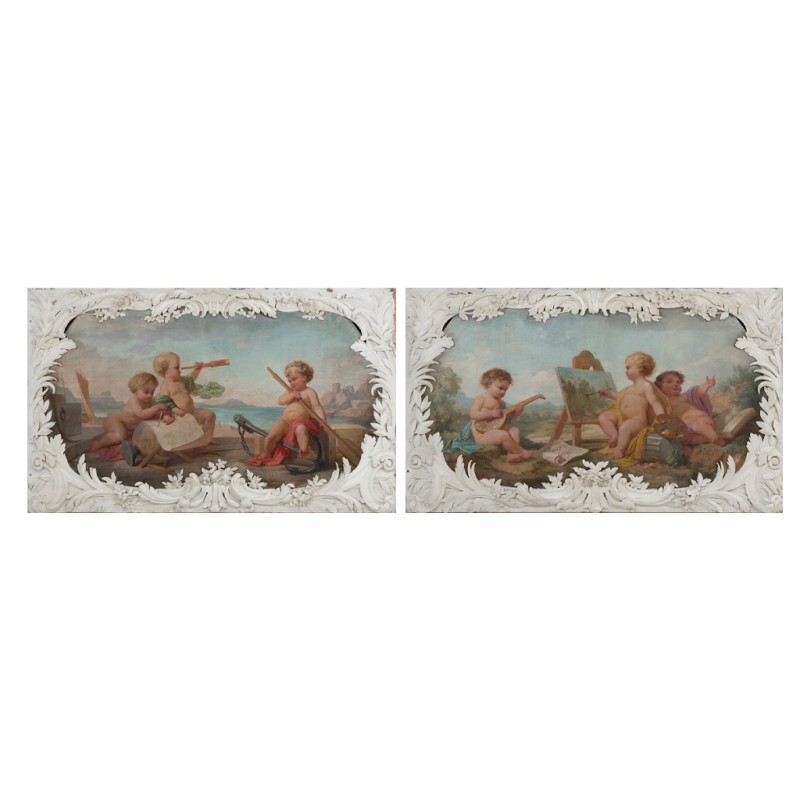 Pair of vintage paintings representing allegories, 1880